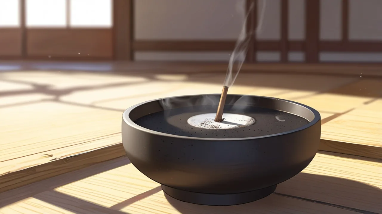 板の上に置いた黒い陶器の器の灰に、細い1本が立って煙が上がるイラスト