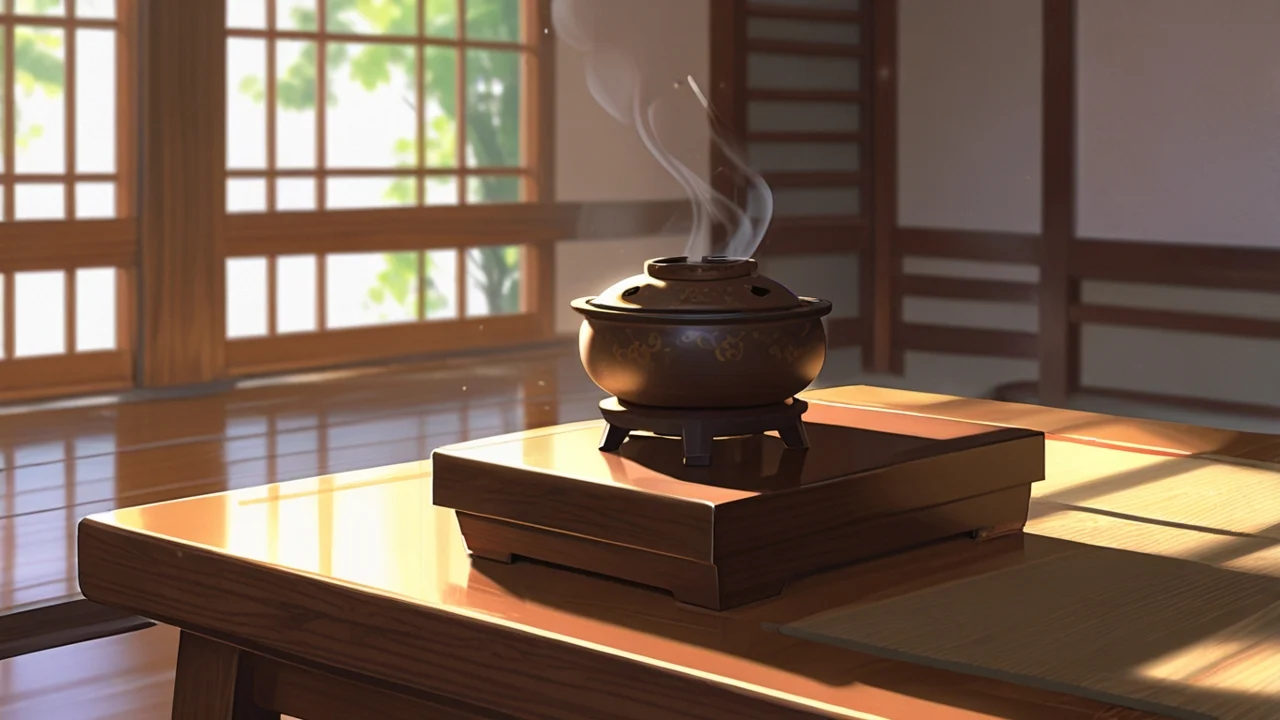夕日の差す和室で、木の台にのせた茶色の香炉から煙が上がるイラスト