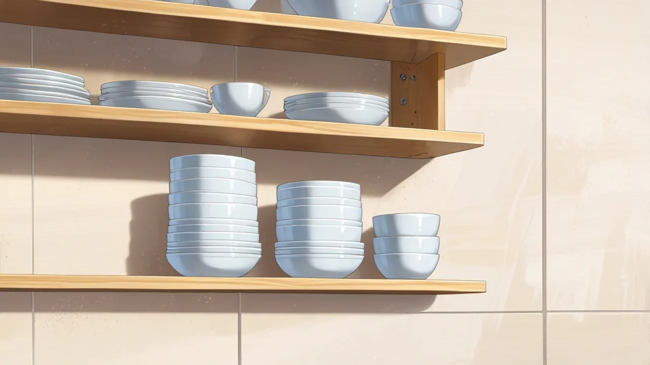壁の木の棚に、白っぽい陶器の皿と小鉢が重ねて並ぶイラスト