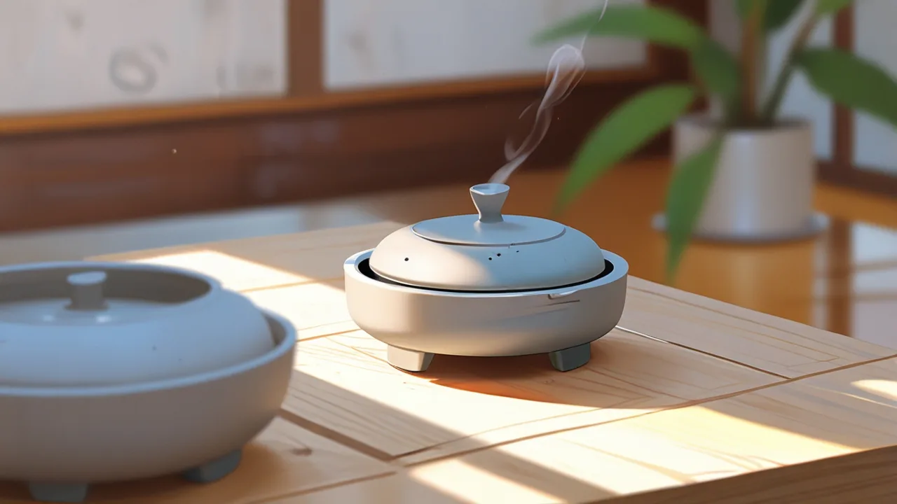 木の台に置いた灰色の蓋つき香炉から細い煙が上がり、手前にもう1つ香炉があるイラスト