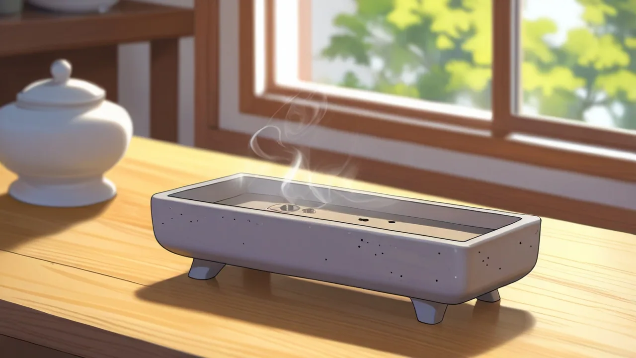 窓辺の台に、脚つきの横長の灰色の香皿と白い蓋つきの器が並ぶイラスト