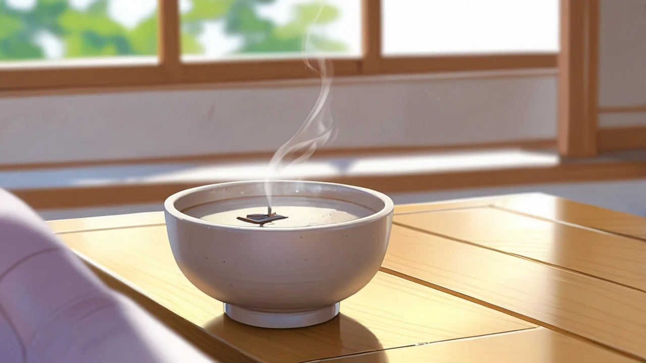 明るい窓辺のテーブルで、白い陶器の器からお香のうすい煙が立ちのぼるイラスト
