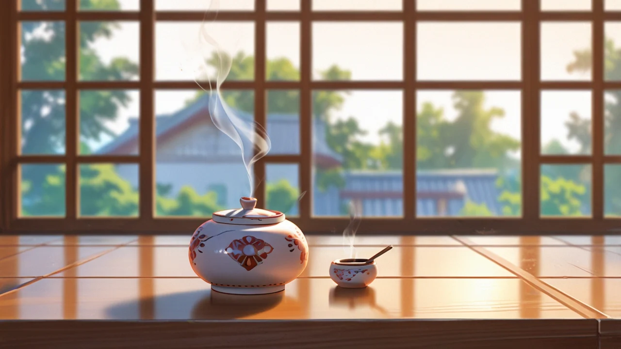 格子の大きな窓の前で、ふた付きの白い香炉から煙が細く立ちのぼるイラスト