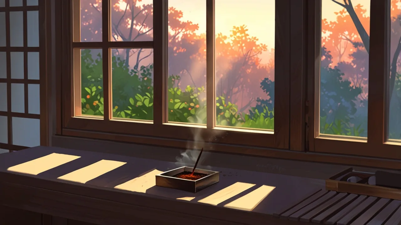 夕暮れの窓辺の机で、四角い器に立てたお香から細い煙がのぼるイラスト