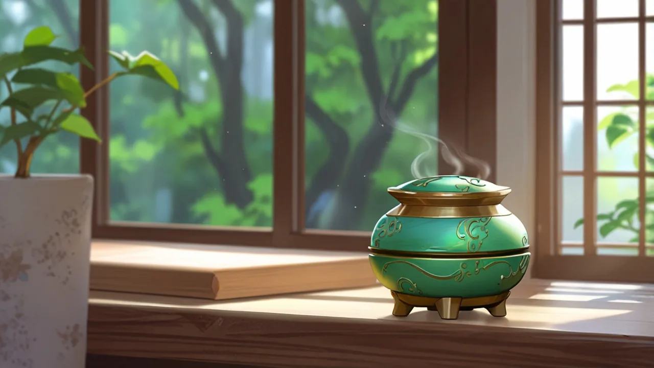 窓辺に置いた緑色の香炉の蓋から細い煙が立ちのぼるイラスト