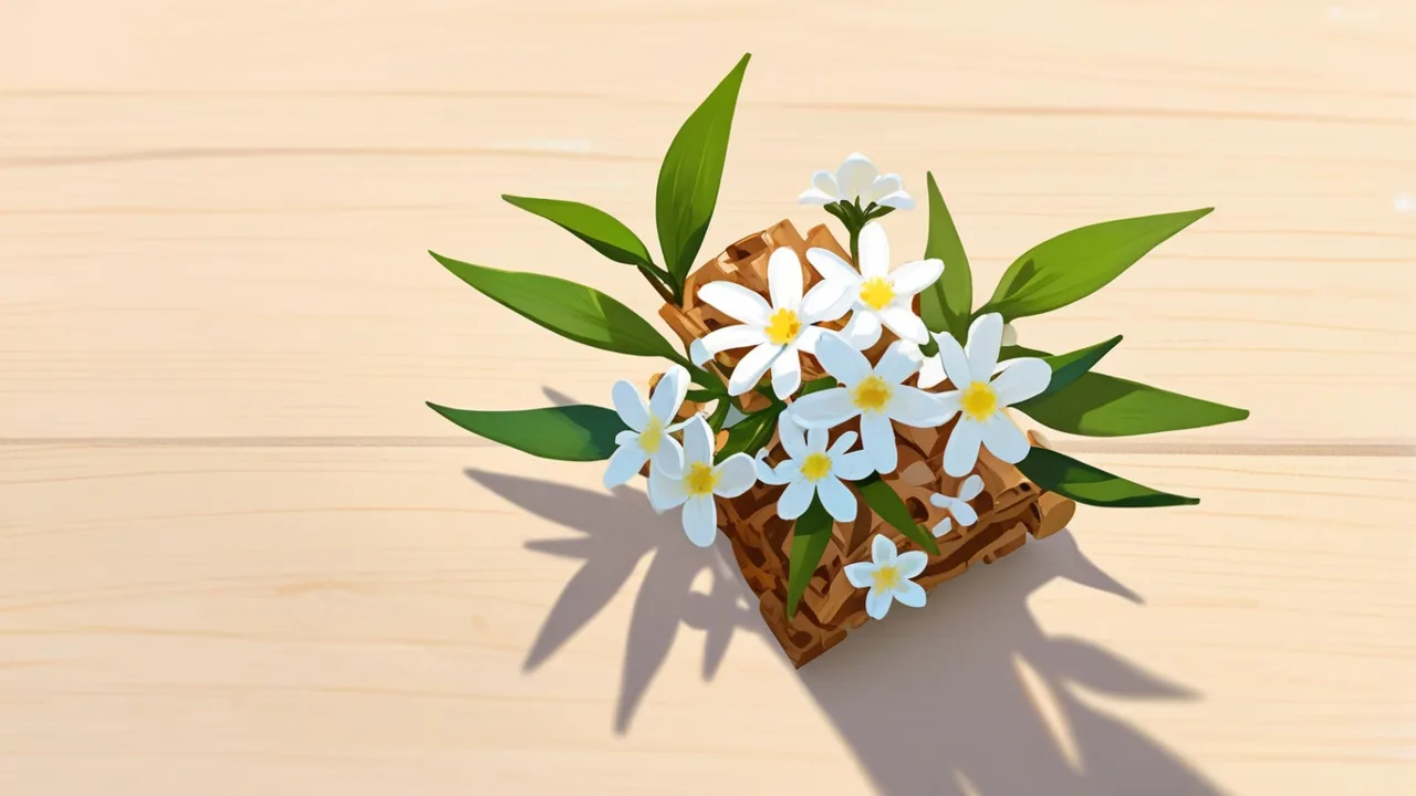 木片の上に、白いジャスミンの花と緑の葉がのったイラスト