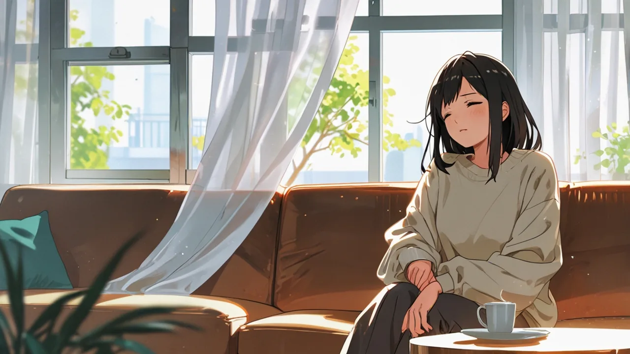 開いた窓のそばのソファで、目を閉じてぐったりする女性のイラスト