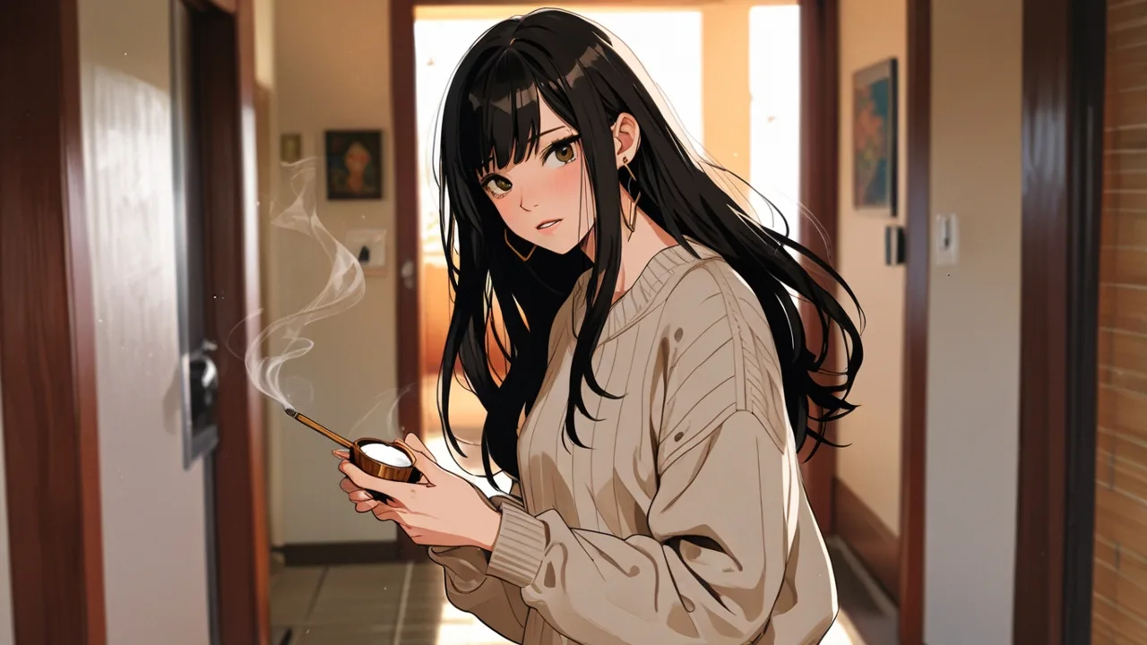 パロサントの煙を皿にのせて廊下を歩く女性のイラスト
