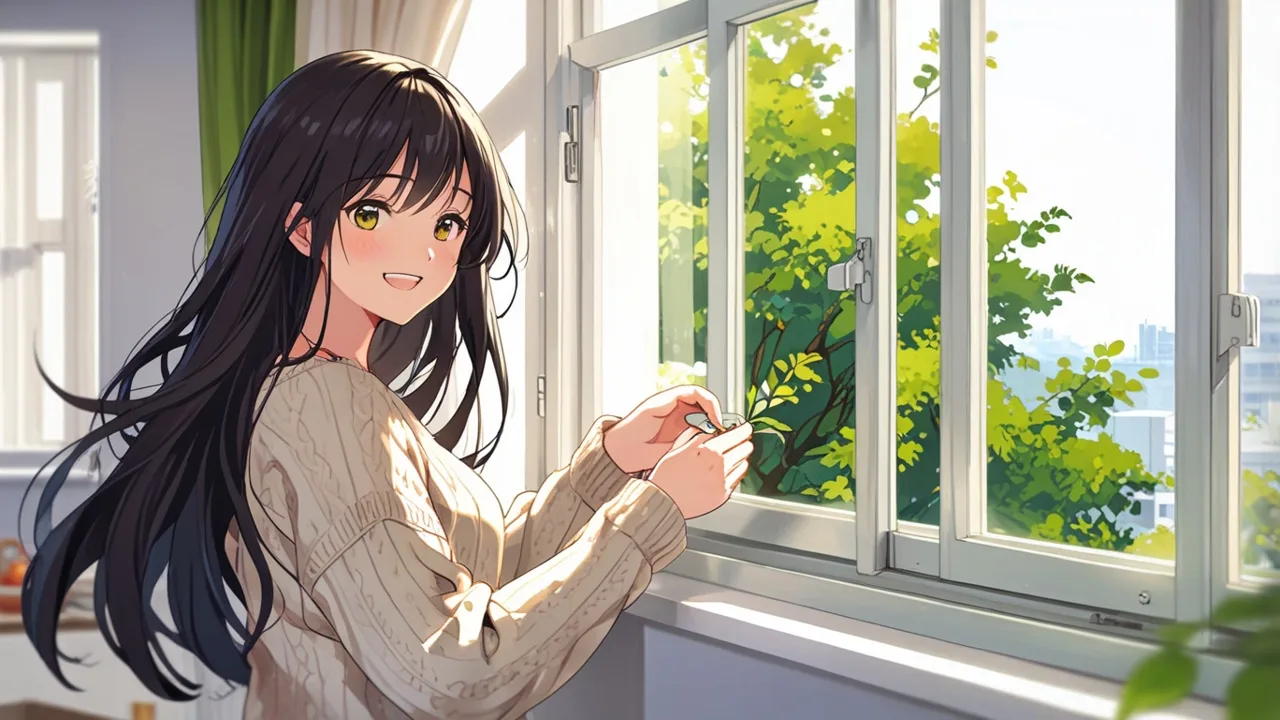 窓を開けて新しい空気を入れる女性のイラスト