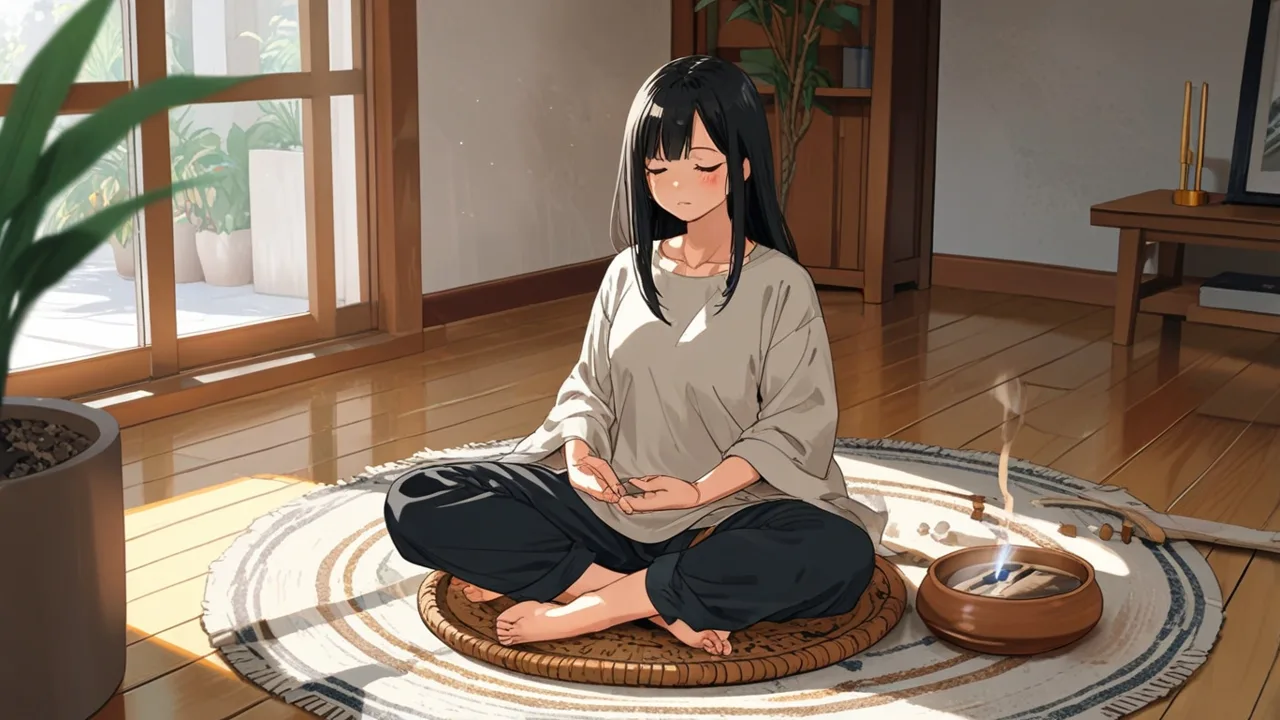 パロサントを焚いて床のクッションで瞑想する女性のイラスト
