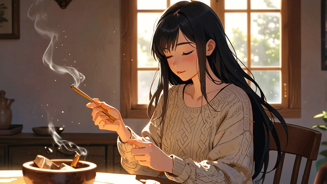パロサントの煙をくゆらせて目を閉じる女性のイラスト