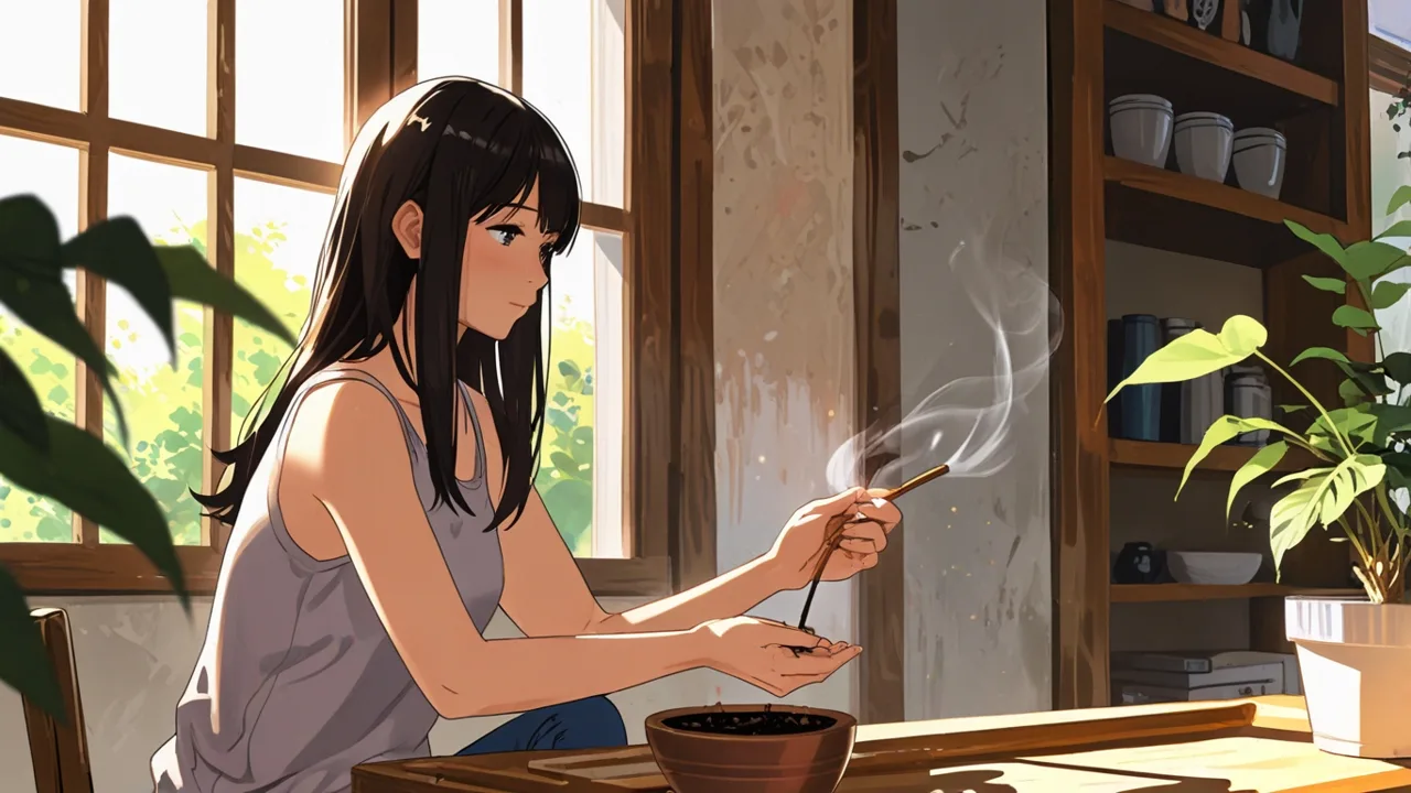 窓辺でパロサントの煙をくゆらせる女性のイラスト