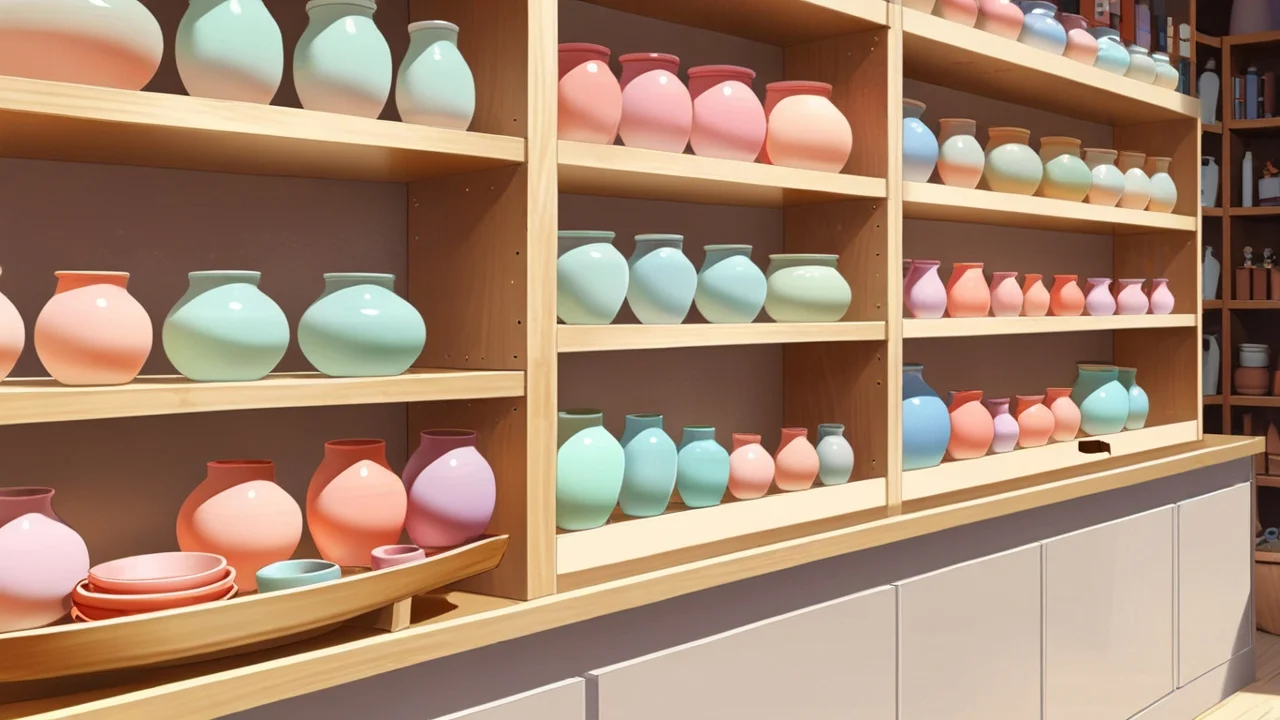 明るい店の木の棚に、パステル色の陶器の器がたくさん並ぶイラスト