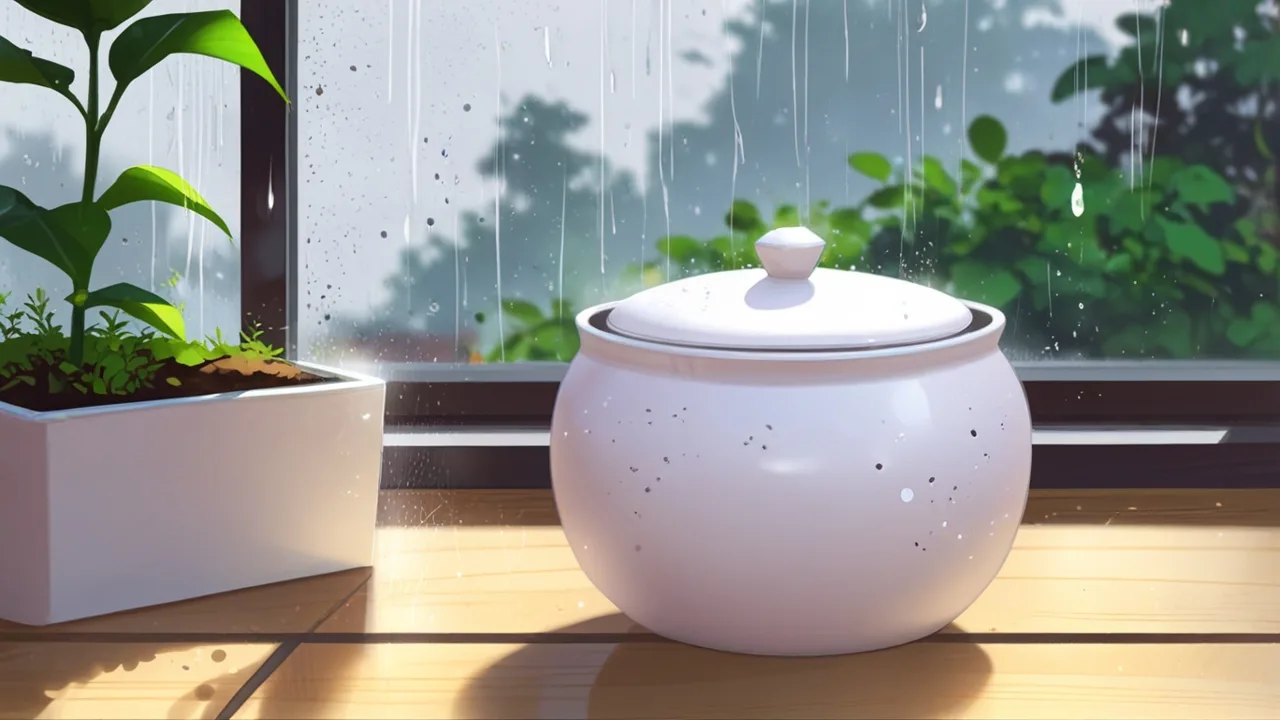 雨粒のついた窓辺に置いた、小さな穴のある白い香炉のイラスト