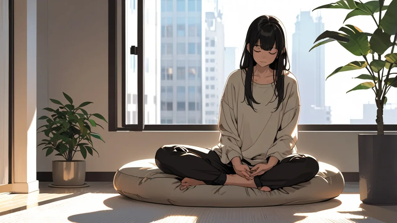 窓辺のクッションに座って目を閉じ、瞑想する女性のイラスト