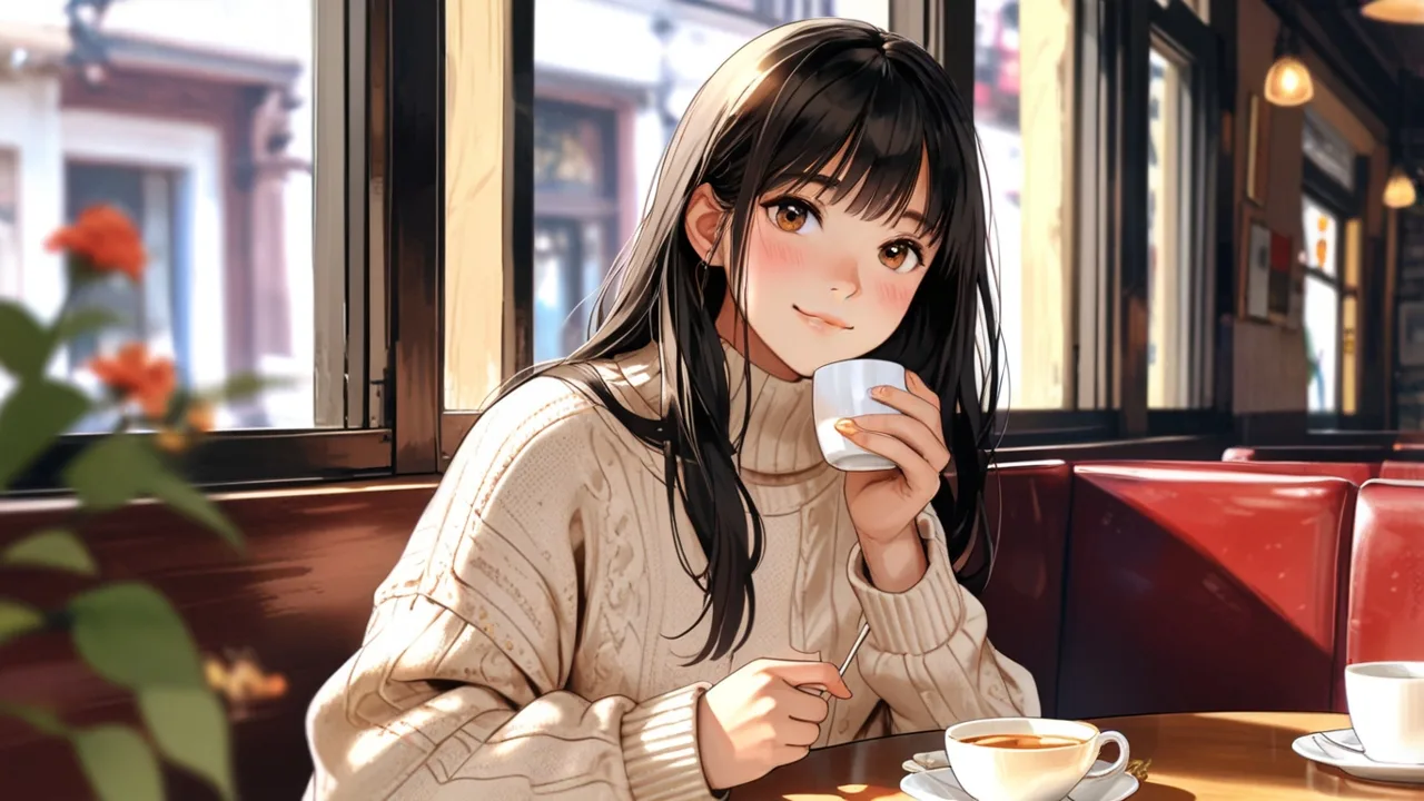 窓辺のカフェで、カップを手にほほえむ女性のイラスト