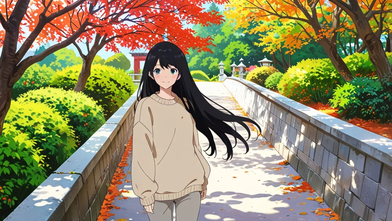 紅葉の庭の石畳を、落ち着いた表情で歩く女性のイラスト