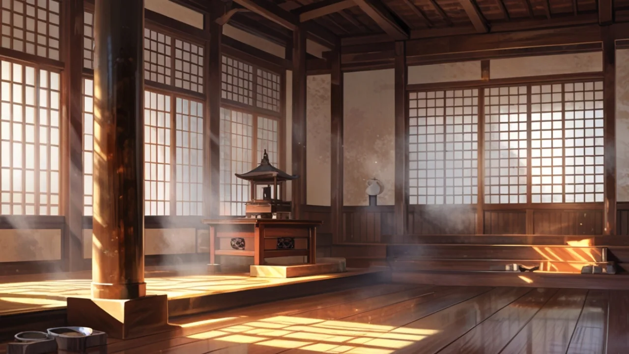 障子から光が差す古いお寺のお堂で、香炉から細い煙が立つイラスト