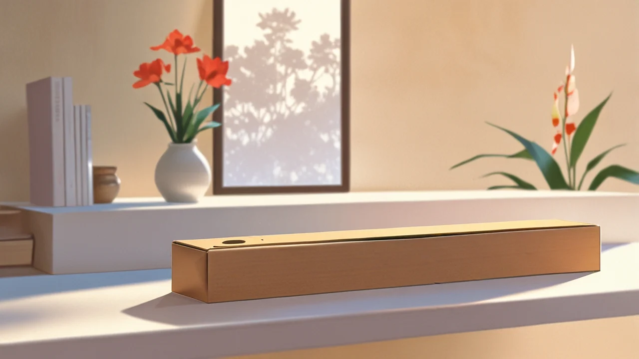 白い棚に、細長い無地の紙箱と赤い花を生けた花びんが並ぶイラスト
