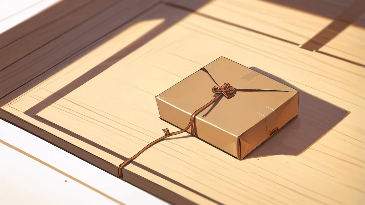 木の床に、ひもで結んだ茶色の包みが置かれたイラスト