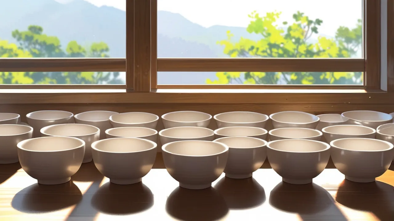 窓辺の木の台に、空の白い陶器の器がたくさん並ぶイラスト