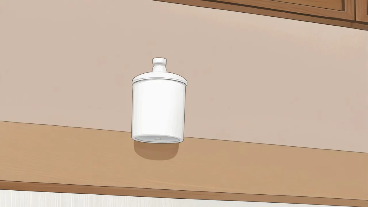 高い木の棚の上に、白いふた付きの入れ物が置かれたイラスト