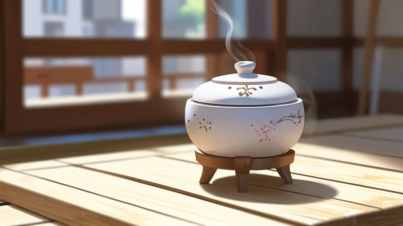 格子窓のそばの台に置いた、花の絵の白い蓋つき香炉のイラスト