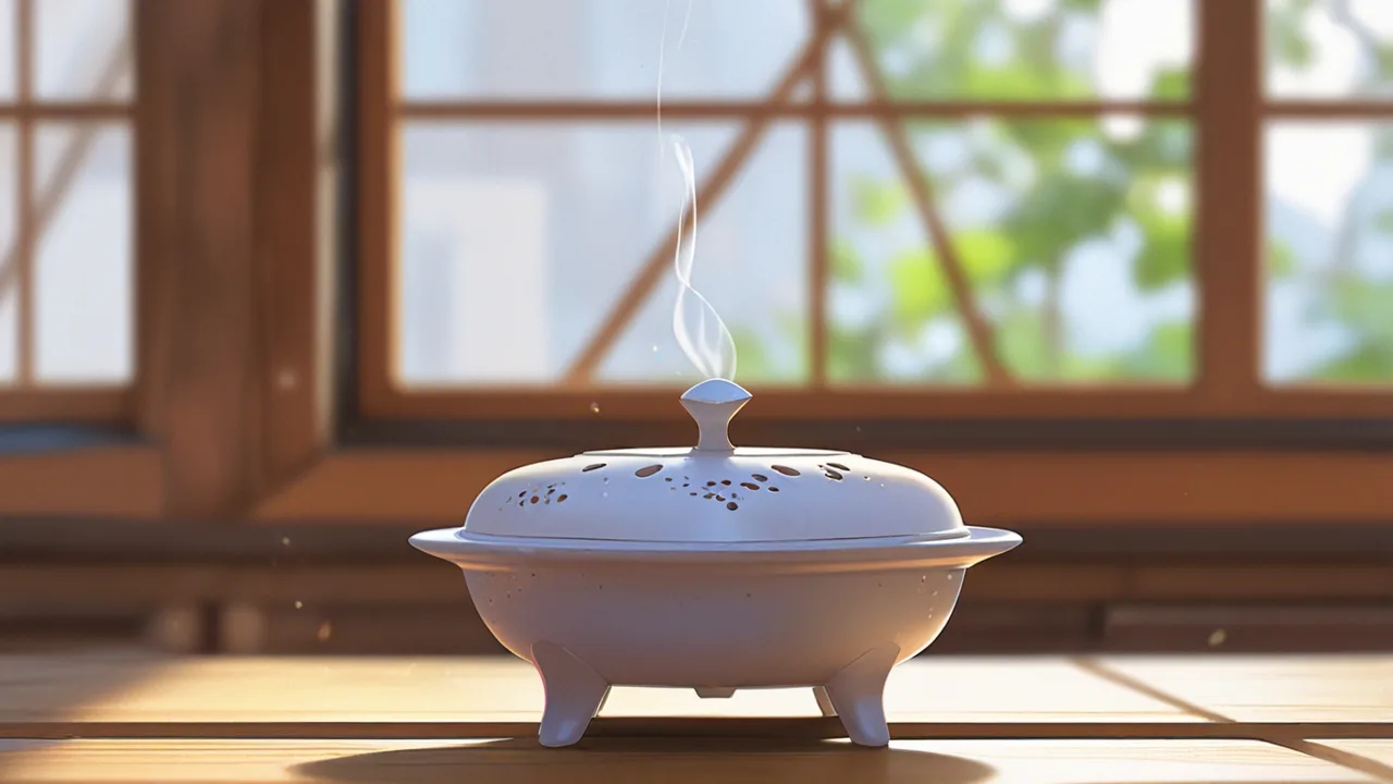透かし彫りの蓋(火屋)がついた三本脚の白い香炉から、細い煙が上がるイラスト